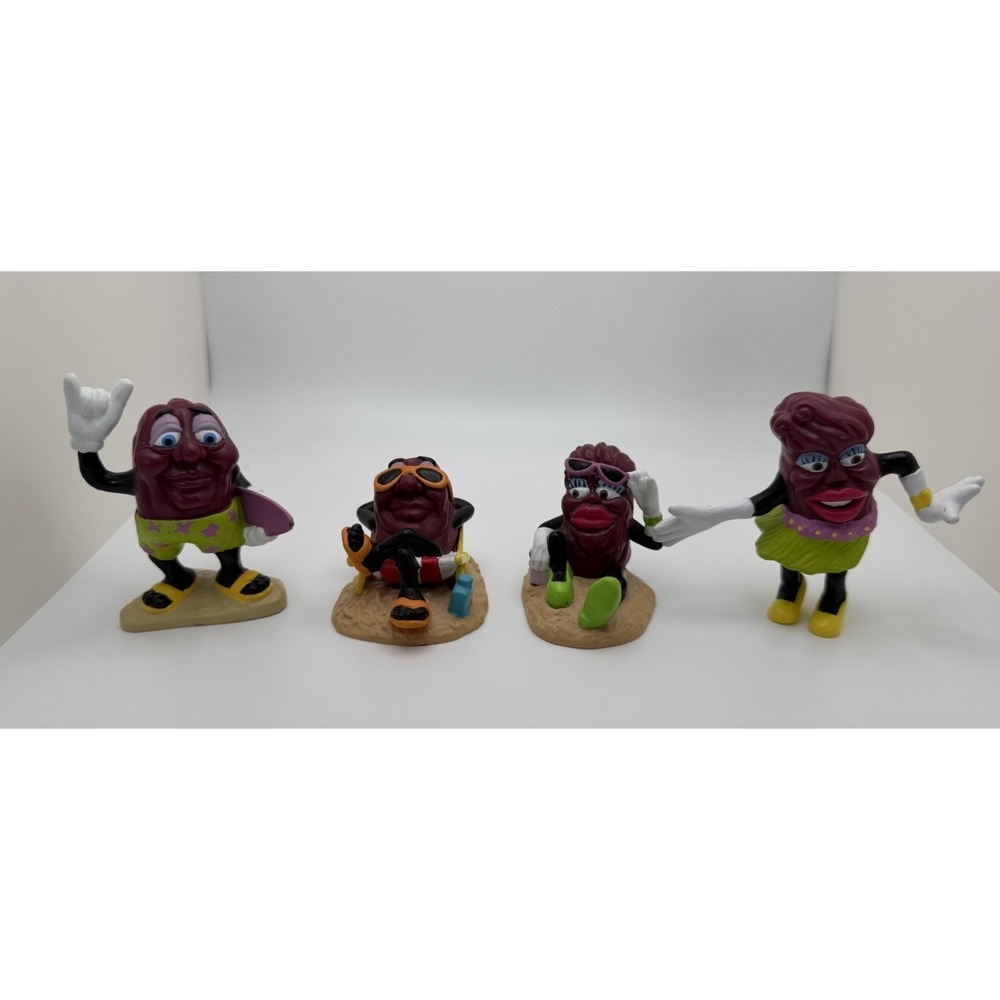 Vintage California Raisins 1988 PVC Beach Raisin Set Lot Of 4, Surfer Hula Girl